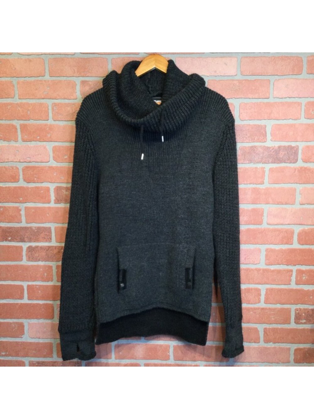 Leif Nelson Charcoal Gray Knit Sweater Cowl Neck Thumb Holes Pockets